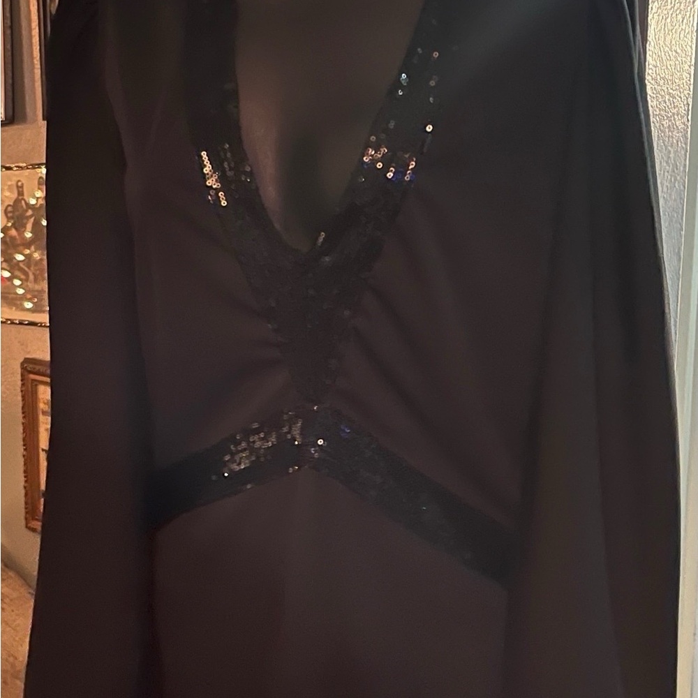 Elegant  Jersey & Black Sequin V-neck Dress